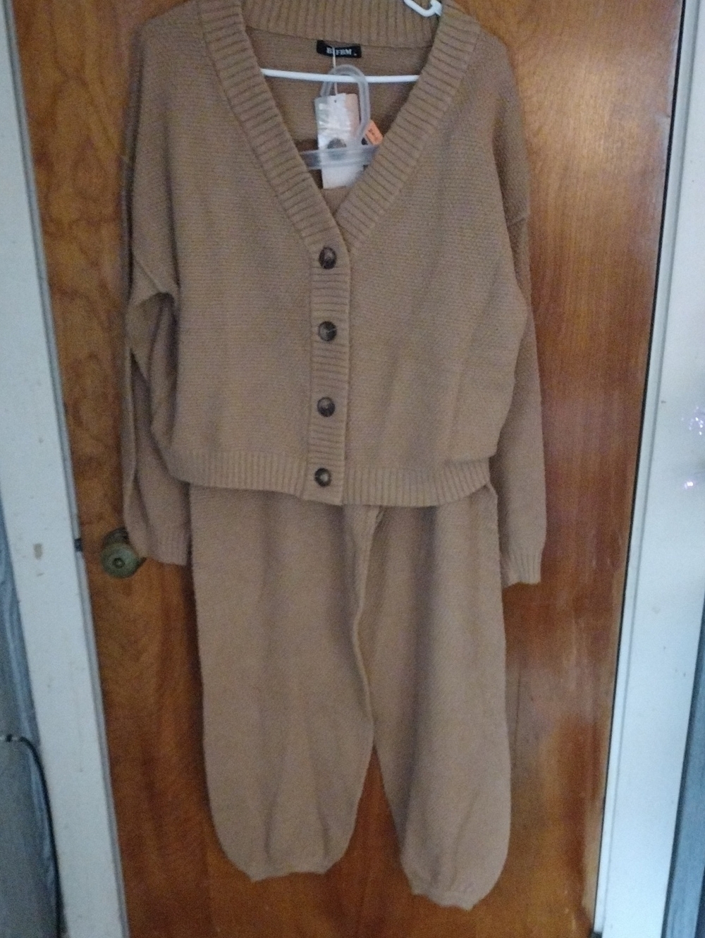 Saivana Knit Button-Front Cardigan & Joggers Set - Camel/Taupe